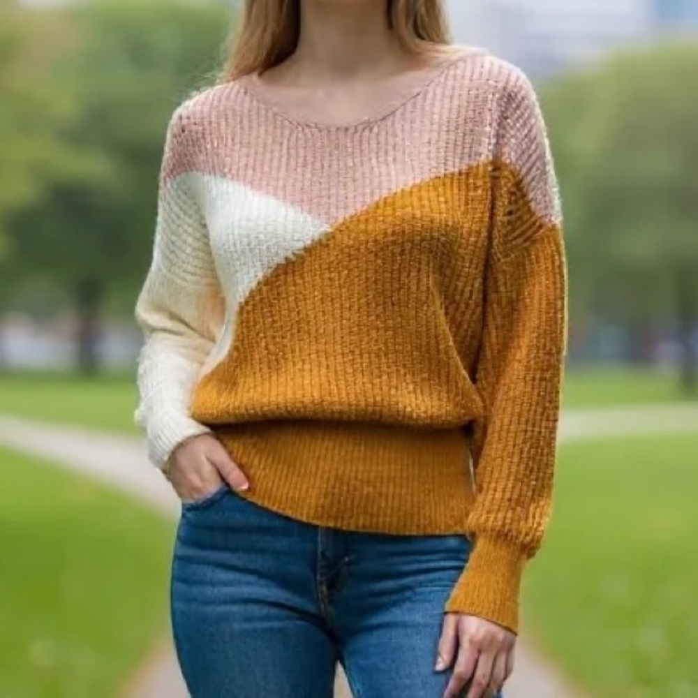 FCT With Love Colorblock Knit Sweater Size Small Mustard Cream Pink